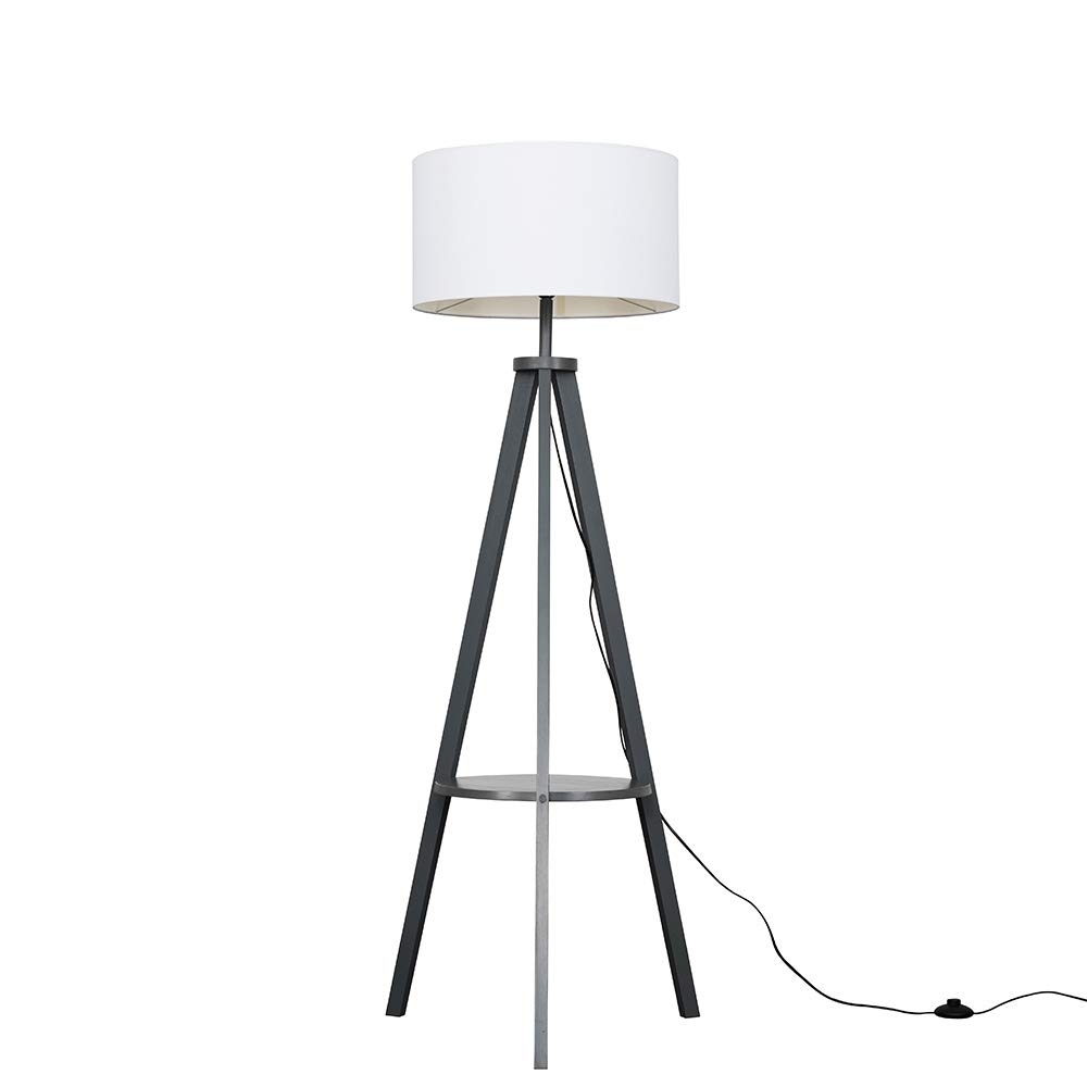 MiniSun | Modern Grey Wood Tripod Design Floor Lamp with Storage Shelf and White Drum Shade | Floor Lamps & Torchieres, Home Décor & Improvement Essential | Includes 6W LED E27 Light Bulb