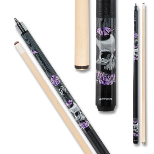 Eight Ball Mafia EBM14 Pool Cue - Black with Grey Skulls,Purple Roses and Butterflies - 18oz