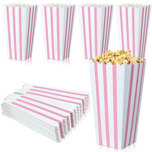 Image of Geyoga 48 Pcs Popcorn Boxes Bulk,Pink and White Striped,8 x 4 Inches