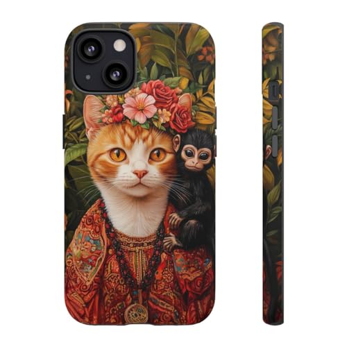 Coque iPhone 13 chat roux couronne florale singe rigide mate