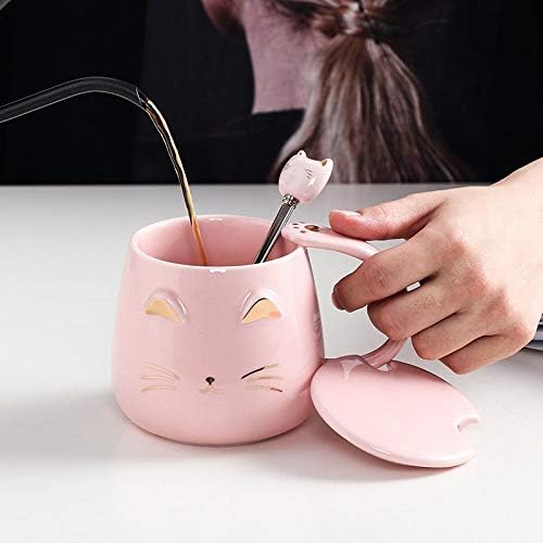 Pink Ceramic Coffee mug Cute Cat Handmade Tea Cups with Stainless Steel Spoon Kitty Cup Unique Hot chocolate Novelty mugs Christmas Birthday for Girls Women (Pink) - Image 2