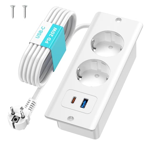 Airmom Einbau Steckdosenleiste mit USB C PD 20W, Einbau Tischsteckdose Weiß mit USB und USB C, 1,8m Kabel