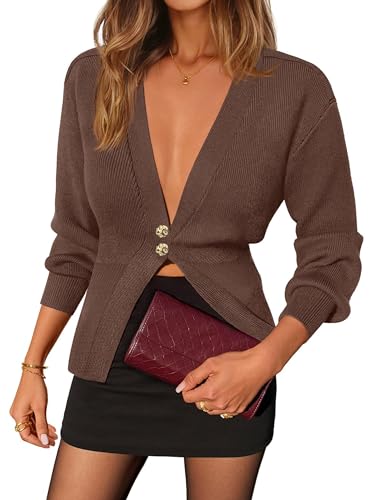 Womens Deep V Neck Button Cardigan Sweaters Long Sleeve Cropped Knit Sweater Y2k Cute Casual Fall Outfits