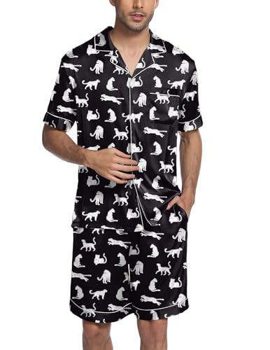Image of Ekouaer Mens Satin Pajamas Set Button-Down Short Sleeve Shirt Top Soft Silk Sleepwear Shorts with Pockets