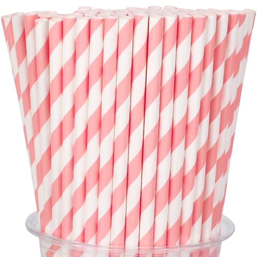 100 Packs Pink Biodegradable Striped Paper Straws Disposable Drinking Straws for Birthday Carnival Summer Pool Party Wedding Baby Shower Halloween Christmas Party Decoration Supplies
