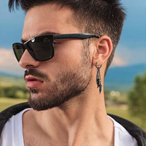 Stainless Steel Punk Drop Dangle Hinged Earrings Feather Gothic Mens Earring Black Huggie Hoop Earrings for Men and Women Wearing Jewelry2