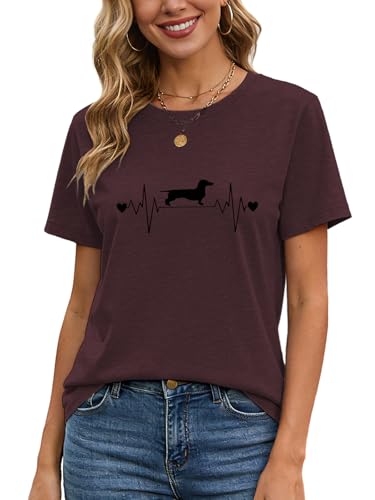 Women's Puppy ECG Heartbeat Graphic Tee - Short Sleeve Crew Neck T-Shirt, Funny Dog Lover Gift Top for Women, Pet Mom Apparel XL Burgundy