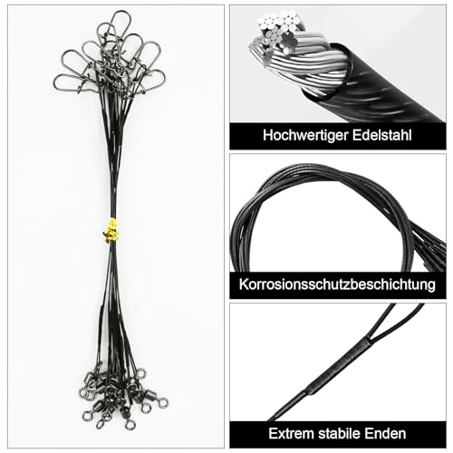 DONQL 50 Stück Stahlvorfach Hecht Angeln Set mit Wirbel & Karabiner, 5 Größen Vorfach Angeln,10/15/20/25/30cm Edelstahl Fischen Angelzubehör,Bissfeste Stahlvorfächer für Salzwasser Süßwasser (Schwarz)