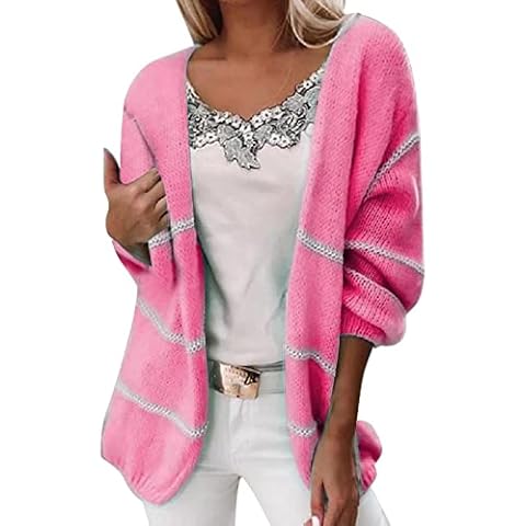 Ghemdilmn Winter Warm Casual Long Sleeve Cardigan for Women Striped Cardigan Cardigan Short for Women, Hot Pink, S Cover