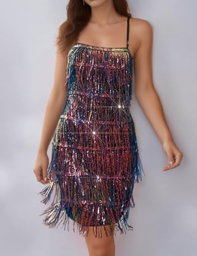 Image of Madam Uniq Women Tassel Formal Dress Sequin Strap Mini Elegant Evening Prom Party Club Dance Gown