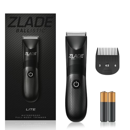 Zlade Ballistic Lite Manscaping - Recortadora corporal para hombre, barba, cuerpo, vello púbico, afeitado de parte privada, impermeable, funciona con pilas AAA, bloqueo de viaje, pulsación larga de 3