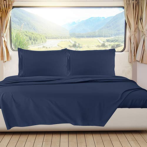 Image of Nestl Navy Blue Short Queen Sheets for RV, Hotel Luxury RV Queen Sheets Set, 6 Piece Fitted Bed Sheet Set and Pillowcases, Super Soft, Wrinkle-Free, and Breathable Camper Bedding