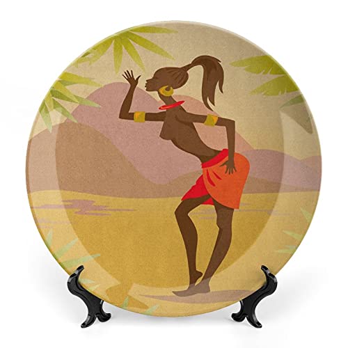 LIGUTARS Ceramic Plates, African Woman Decorative Ceramic Plates, Young Zulu Girl in Exotic Nature Tree Leaves, 8 Inch, Household Plates Decorative, Multicolor