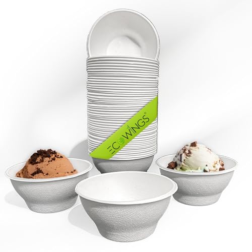 ECOWINGS Small 6oz (180ml) Bagasse Disposable Bowls: Stylish, Sustainable, Eco-Friendly Compostable Serving Bowls, Perfect for Ice Cream, Dips, Snacks & Sauces - 50 Pack