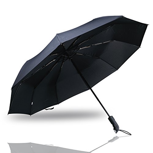 JIT-FUNG 12-Rib Folding Travel Umbrella, Windproof Reinforced Frame, Automatic, For One Hand Operation (Black)