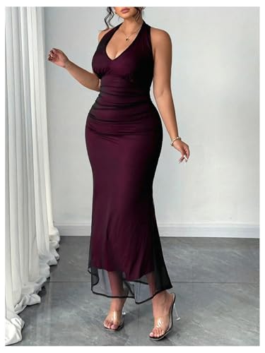 Women's Plus Size Ruffle Halter Dress V Neck Fishtail Bodycon Party Long Mesh Dresses3