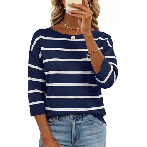 LOMON Womens Sweaters Casual Boat Neck 3/4 Sleeve Lightweight Knit Trendy Pullover Sweater Summer Tops S-XL