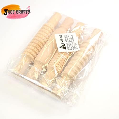 3 Ace Crafts (Pack of 1) 4 Textured Wooden Rolling Pins (20cm x 3cm) - Children Pastry Baking Clay Pin, Playdough Pottery Tools, Polymer Dough Modelling Set for Making Art and Craft Kids Activity