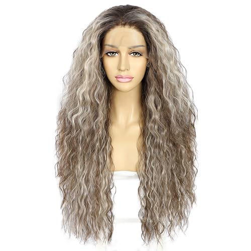 Sapphirewigs Highlights Curly Lace Front Wig Ombre Grey Synthetic Wigs for Women 13x3 Daily Wear Party Christmas Halloween Heat Resistant 26 inch
