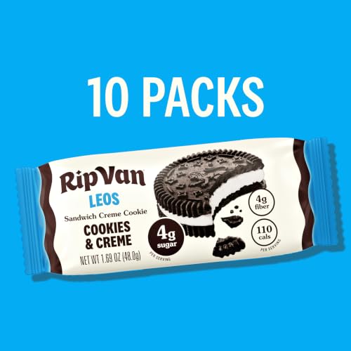 Image of Rip Van LEOs - Cookies and Cream Sandwich Cookies - Low Sugar Snack Cookies - Low Carb Snack - Diabetic Snacks - 40 Low Sugar Cookies (10 Packs of 1.69oz)