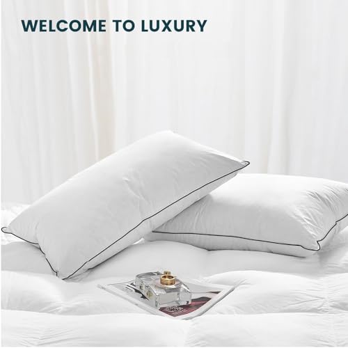 Luxury High Fill Power Goose Down Pillows 700Fill， Breathable Cotton Shell, Orthopedic Support for Back, Stomach Side Sleepers, Queen Size Pillows 20"x28", 1 Pack