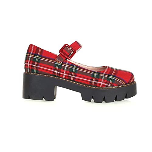 Viuluti Women's Plaid Mary Jane Pumps Round Toe Platform Shoes Chunky Heels Dress Shoes3