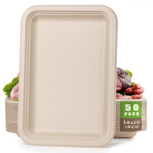 Gezond 50 Pack 14 Inch Disposable Food Trays Eco-friendly Heavy-Duty Large Paper Plates Compostable Sugarcane Platters for Crawfish Lobster Seafood Party Natural