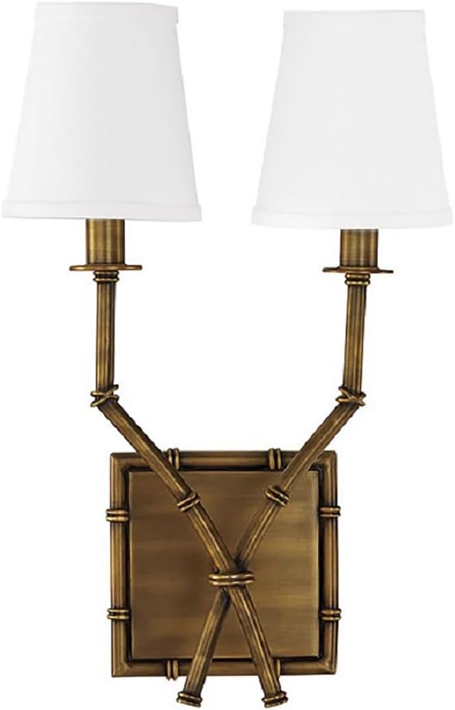 2-Light Retro Wall Sconce Mid-Century American Retro Double Wall Lamp White Fabric Shade & Bamboo-Inspired Design, Decorative Wall Lighting Fixture for Bedroom, Living Room, Hallway, Bathroom