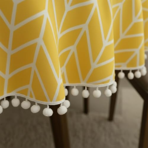 Image of HOMEMONDE Cotton Premium Dining Round Table Cover with White Border Pom-Pom, 45 x 45 Inches Yellow Arrow Printed Table Cloth 4 Seater, Round Table Cover - (114x114 CM, Yellow Arrow)