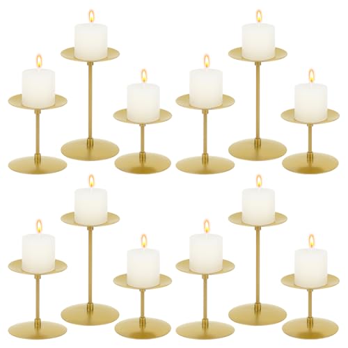 INTERWARM 12Pcs Pillar Candle Holders Bulks, Metal Pillar Candle Stand Gold Iron Plate Table Centerpieces Indoor Decoration for Mother's Day Wedding Party Dinner Home Decor Housewarming, 3 Sizes