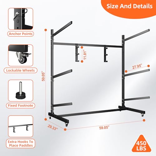 METAN Upgraded Wide Metal Kayak Storage Rack 3 Levels,59’’Wide Freestanding Heavy Duty Adjustable Kayak Stand Indoor Outdoor Storage Rack Garage with Wheels,Black,Assembly Required - Thumbnail 2