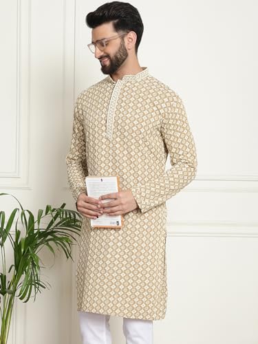 Image of SOJANYA Men's Cotton Regular Fit Casual (Since 1958 Contrast Embroidered Sequinned Long Kurta