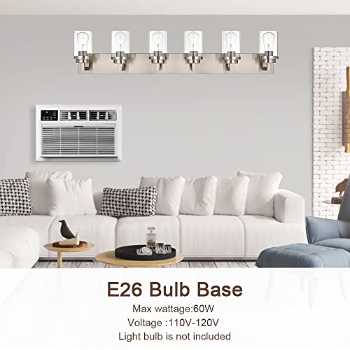 Image of MELUCEE 6-Light Bathroom Lights Over Mirror in Brushed Nickel, Modern Industrial Vanity Lighting Fixture Indoor Wall Lights for Bath Kitchen Powder Room, Clear Glass Shade