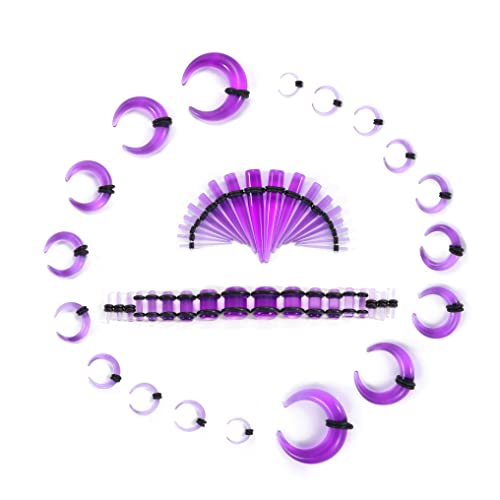 Memsion Ear Stretching Kit 54 Pieces 14G-00G Ear Gauges Expander Set Acrylic Septum Piercing Kit Crescent Spiral Buffalo Tapers and Plugs for Women Men Violet Color