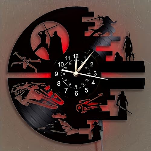 Decorative Vinyl Wall Clock with 12 InchesScience Fiction Film Themed Clocks Vinyl Records Wall Clock LED Light Wall Decor Unique Birthday Gifts for Men Kids