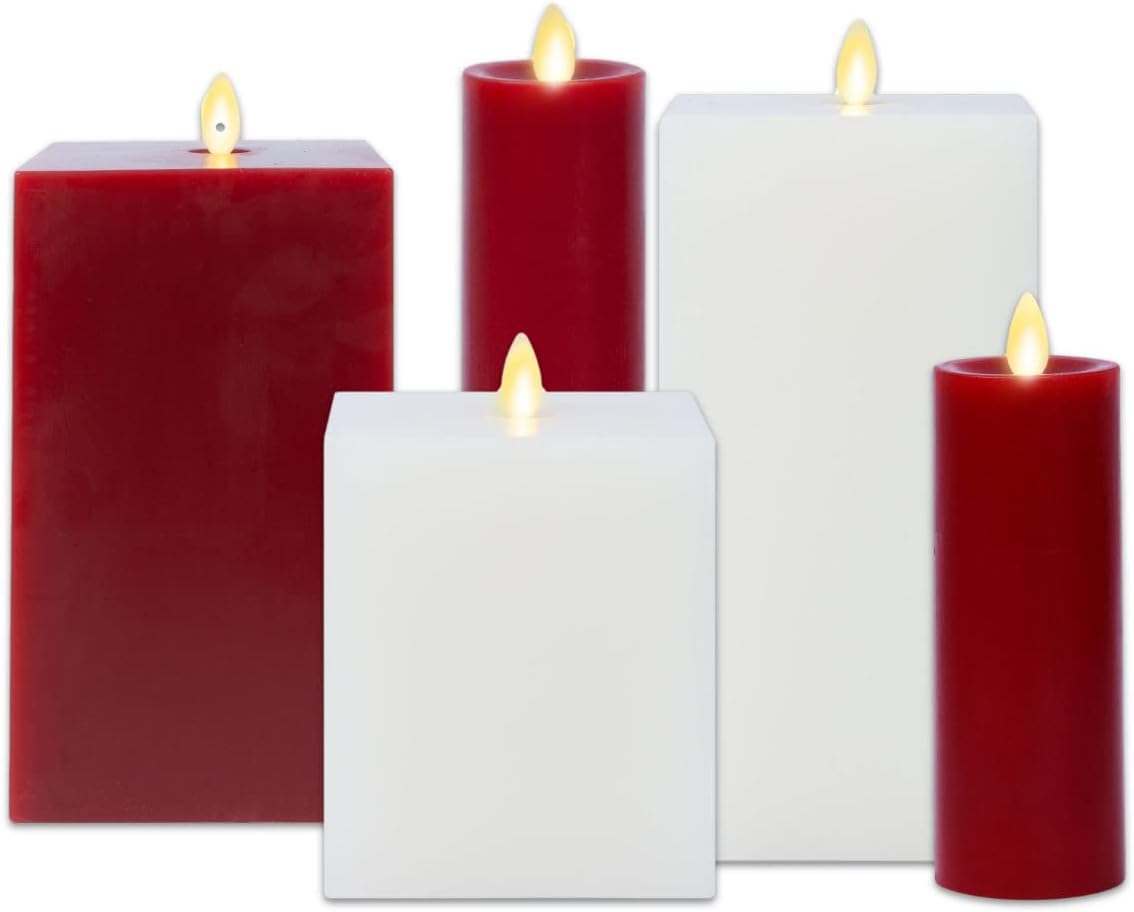 Luminara Wintry Holidays Squared Collection, Square White and Burgundy Candles and