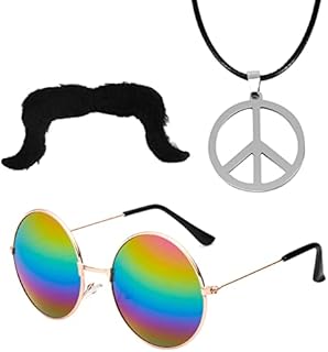 Hippie Costume Accessories Set, Hippie Costume Men Accessories Peace Medallion Fancy Dress 70S Hippie Glasses Mustache Peace Sign Necklace Fancy Dress Hippy Accessories for Men Kids 60/70S Theme Party