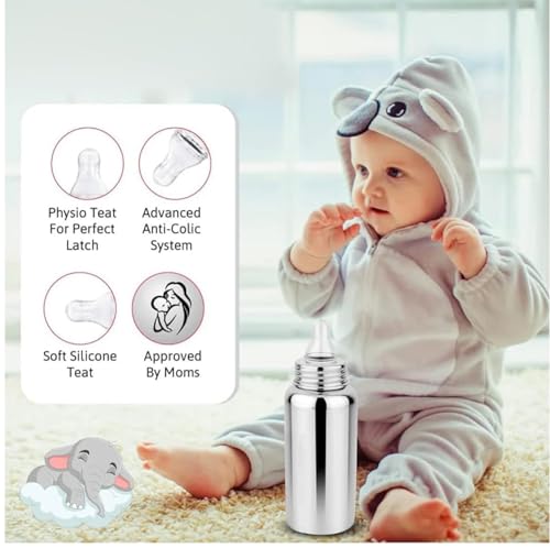 Image of Stainless Steel 304 Grade Baby Feeding Bottle and Cleaning Brush Set | Steel Soft Silicone for Newborns, Infants, Toddlers, and Kids of 6 Months to 2 Years | Silver | 250ml | Pack of 1
