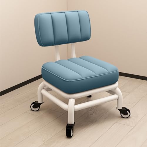 Taburete rodante con soporte trasero y asiento de piel sintética suave giratorio de 360 grados, marco de metal, ruedas de rodamiento ideal para el hogar, jardín, oficina, garaje, tienda, cómodo y