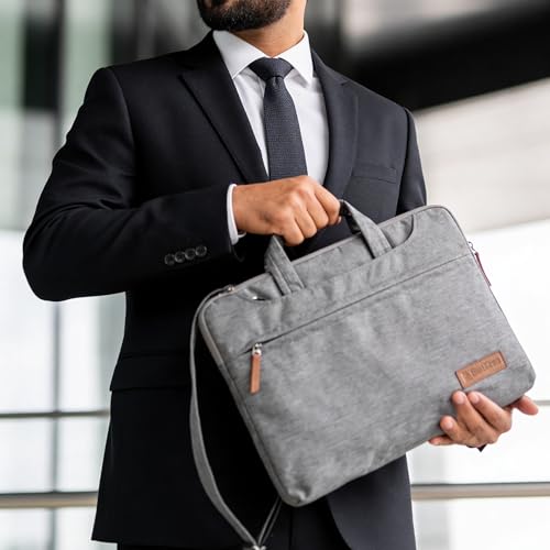 Image of Bonkaso 14.1 Inch Laptop Sleeve Cum Messenger Bag for MacBook & Laptops | Premium Polyester Melange | Water-Resistant Padded Case with Handle & Sling Strap | Lightweight Office Travel Bag - Grey