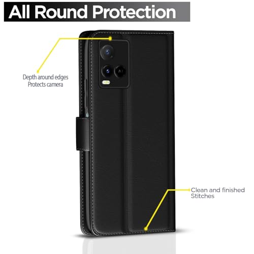 Image of Black Leather Finish Protection Flip Case Cover for Vivo Y33T / Y33S | Y21 / Y21A / Y21S / Y21e / Y21G | Magnetic Closure, Stand Feature, Card Slots - Light Weight Design (Black)