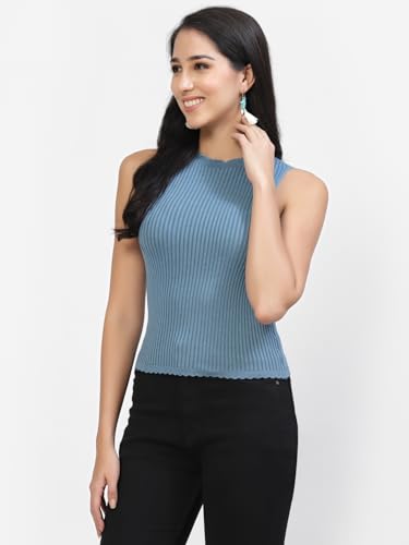 Image of Kalt Womens Knitted, Ribbed Cotton Fitted Sleeveless Round Neck Cami Tank Top