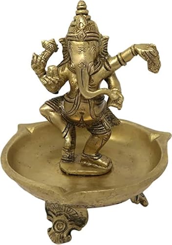 GURU JEE Ganesha bailando con lámpara de 3 mechas para Puja y Aarti latón metal escultura Cover