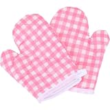 DOITOOL 2Pcs Kids Oven Mitts for Children Play Kitchen, Microwave Oven Gloves Kitchen Baking Mitts, Red Checkered Heat Resistant s for Safe Backing Cooking BBQ (Pink Checkered)