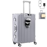 [JOYME] スーツケース USBポート付き (機内持込 / 1-4泊) 様々な機能で快適な旅行をサポート (カップホルダー付き/フック機能/収納力◎ / 軽量/静音) 国内線 国際線 アルミフレーム キャリーケース キャリーバッグ (シルバー Sサイズ / 約39L)