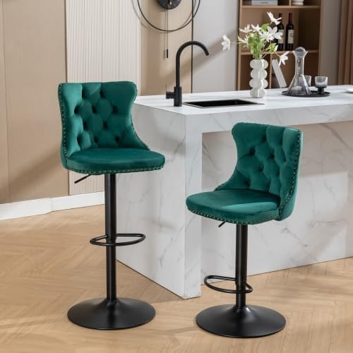 Set of 2 Swivel Velvet Barstools Adjusatble Seat Height Modern Upholstered Bar Stools with Backs Comfortable Tufted for Home Pub and Kitchen Island (Green)
