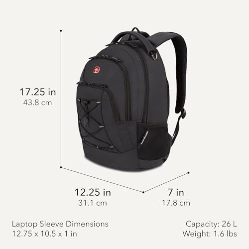 Image of SWISSGEAR Bungee Core Laptop Backpack, Fits Most 13-Inch Laptops, Airflow Back Panel, Reflective Accents, and Bungee Cord System, Black, 26L, 17.25-Inch