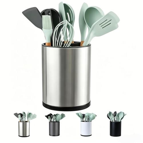 Libodour Kitchen Utensil Holder Extra Large 360°Rotating For Counter Organizer In Silver