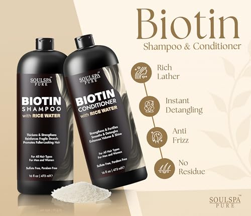 Image of SOULSPA PURE Biotin Rice Water Shampoo and Conditioner Set - Thickening Formula with Rice Protein & Keratin - Strengthening Hair Care for Thinning Hair - 16 fl oz Each