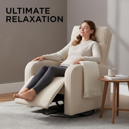 Image of Swivel Rocker Chair, 360Swivel Rocker Chairs with High Back Arms, Rocking Lazy Boy Chairs, Upholstered Swivels Corduroy Glider for Living Room, Bedroom, Nursing, Beige